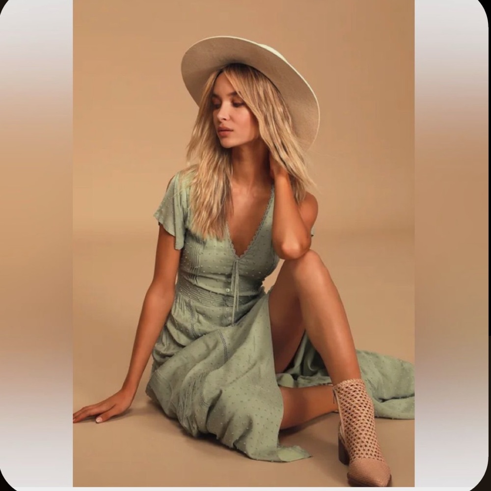 Completely In Love Sage Green Swiss Dot Button-Front Maxi Dress